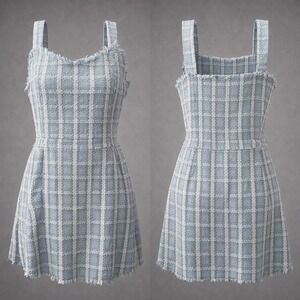 Umgee Blue Plaid Tweed Frayed Raw Edge Mini Dress Large Sleeveless Square Neck